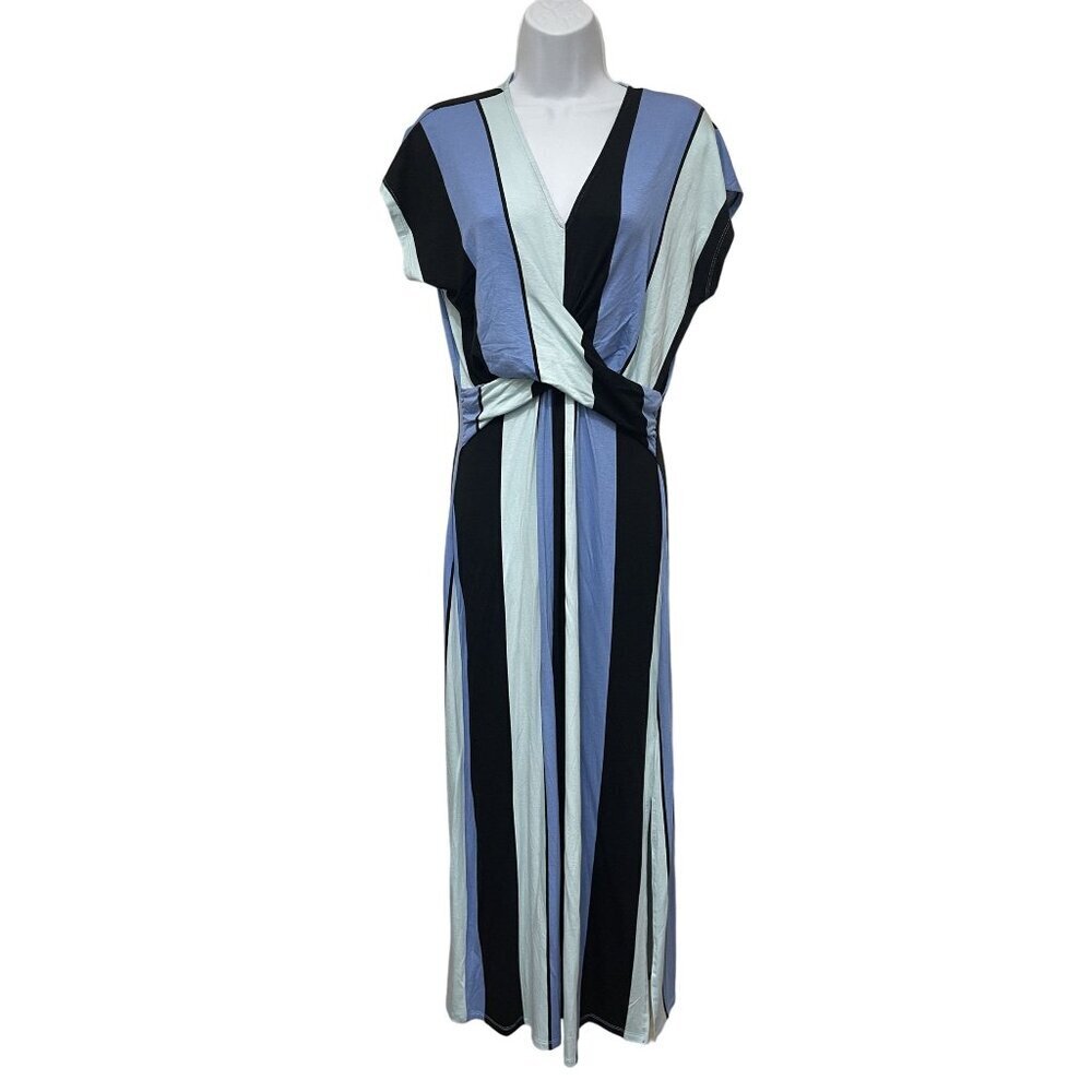 Kate & Mallory Size Medium Blue Striped‎ Maxi Dress V-Neck Crossover Detail